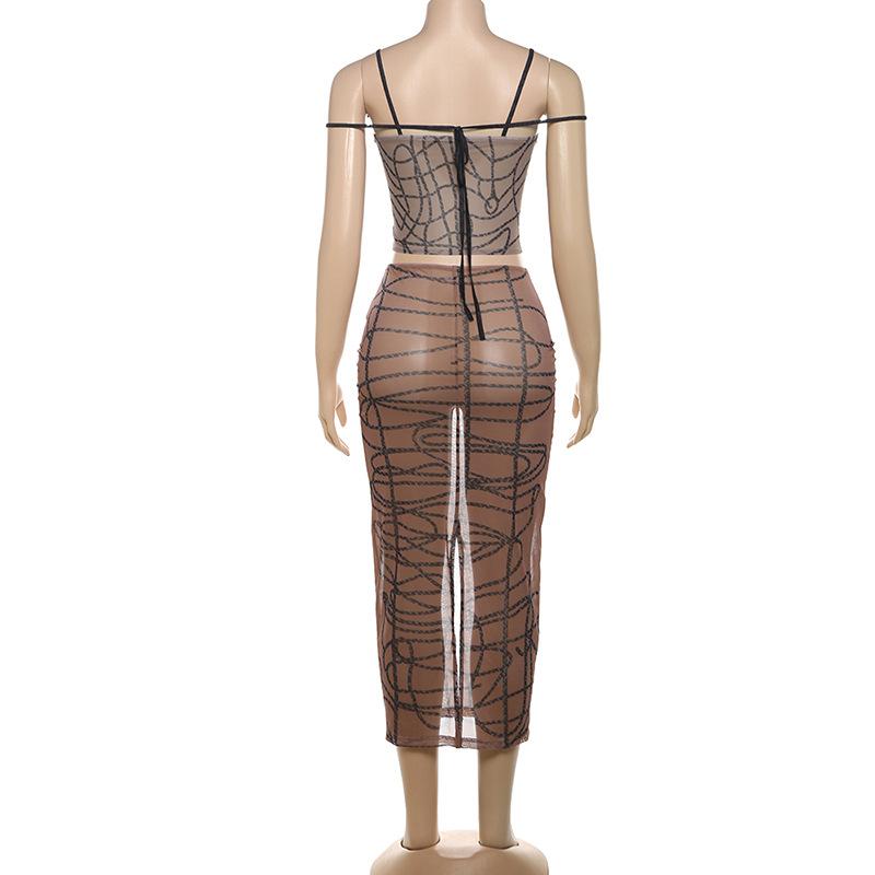 acelimosf™-Sheer mesh striped print self tie cami mini skirt set