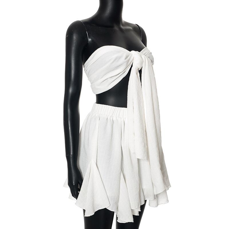 acelimosf™-Ruffle textured bowknot tube mini skirt set