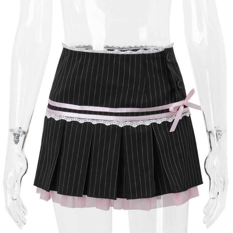 acelimosf™-Pleated striped button lace hem bowknot stitch mini skirt