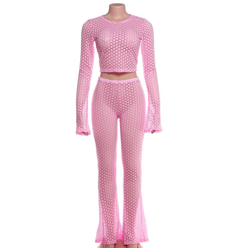 acelimosf™-Long flared sleeve hollow out see through crop pant set