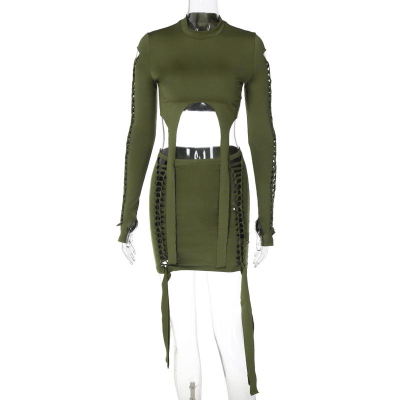 acelimosf™-Hollow out high neck long sleeve solid gloves ribbon mini skirt set