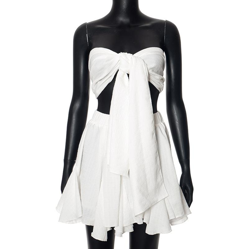 acelimosf™-Ruffle textured bowknot tube mini skirt set