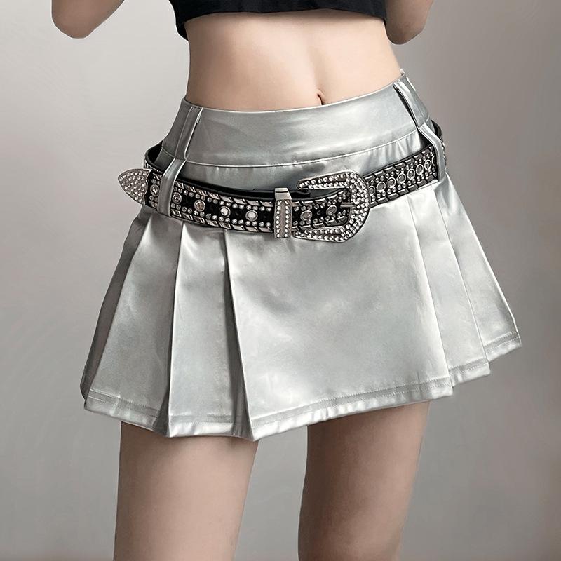 acelimosf™-Zip-up metallic pleated medium rise solid mini skirt y2k 90s Revival Techno Fashion
