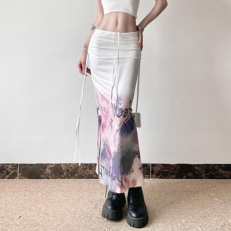 acelimosf™-Drawstring abstract print ruched slit maxi skirt