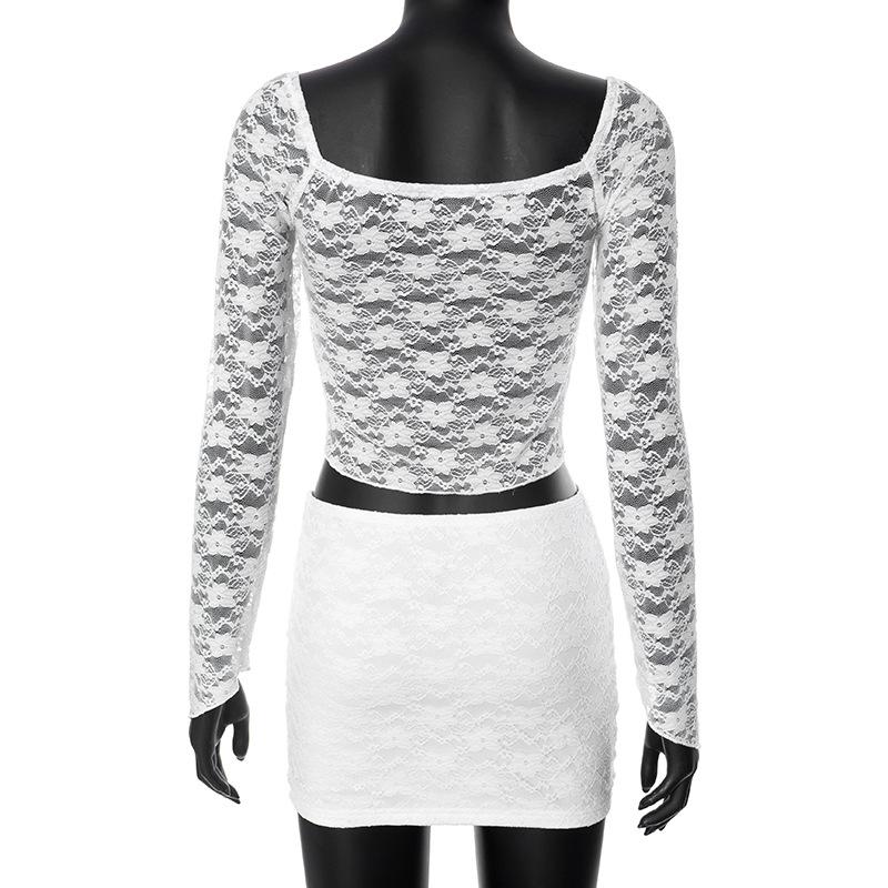 acelimosf™-Self tie long sleeve lace v neck mini skirt set