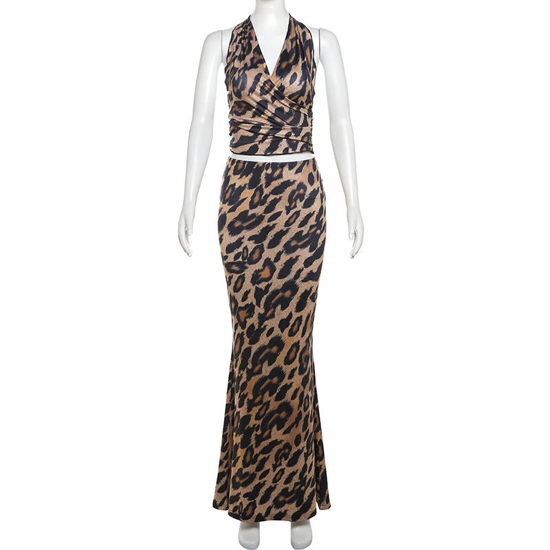 acelimosf™-Leopard print halter ruched backless maxi skirt set