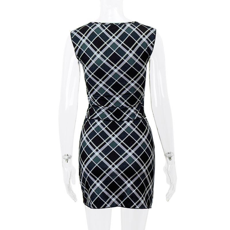 acelimosf™-Cap sleeve plaid bowknot slit mini skirt set