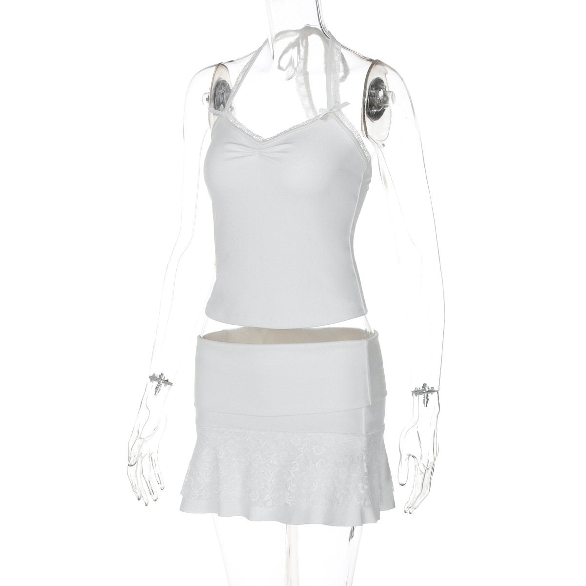 acelimosf™-Halter lace hem bowknot mini skirt set