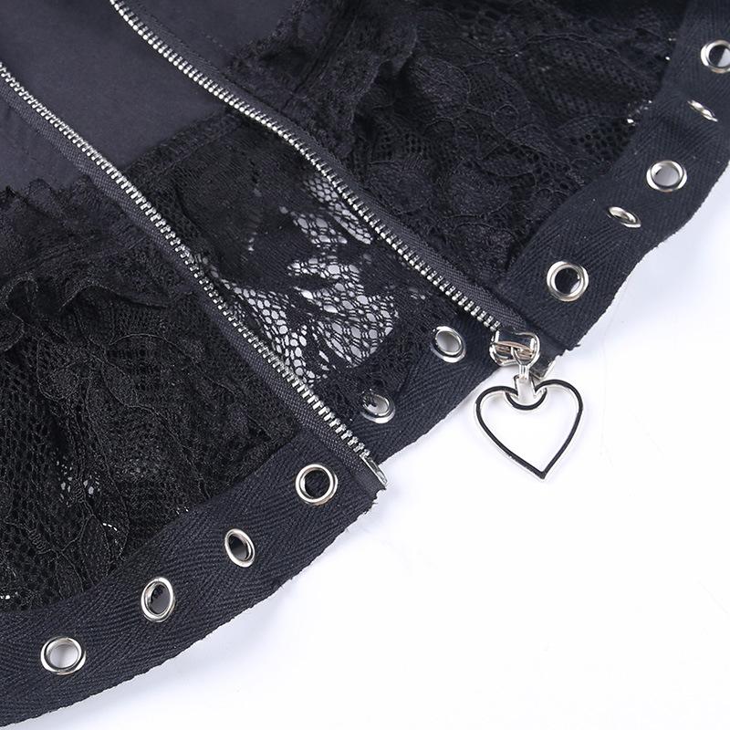 acelimosf™-Zip-up lace up patchwork lace ruffle mini skirt goth Alternative Darkwave Fashion goth Emo Darkwave Fashion
