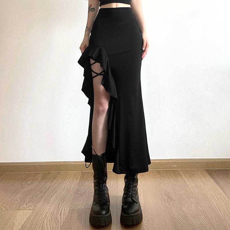 acelimosf™-Slit ruffle medium rise solid lace up irregular midi skirt goth Alternative Darkwave Fashion goth Emo Darkwave Fashion