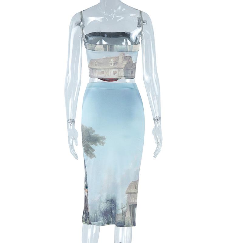 acelimosf™-Slit print contrast backless tube midi skirt set
