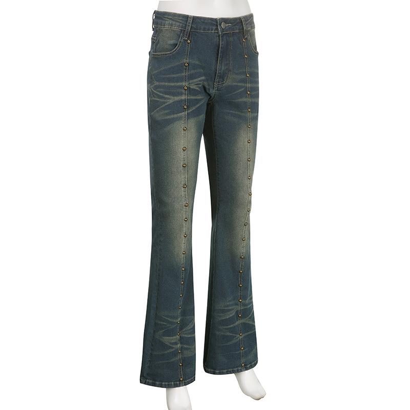acelimosf™-High rise beaded contrast flared jeans grunge 90s Streetwear Disheveled Chic Fashion grunge 90s Streetwear Distressed Fashion