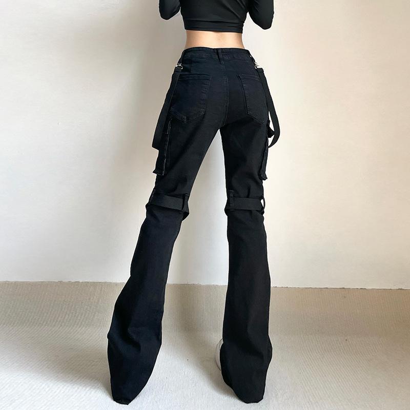acelimosf™-Button cargo pocket ribbon low rise solid jeans y2k 90s Revival Techno Fashion
