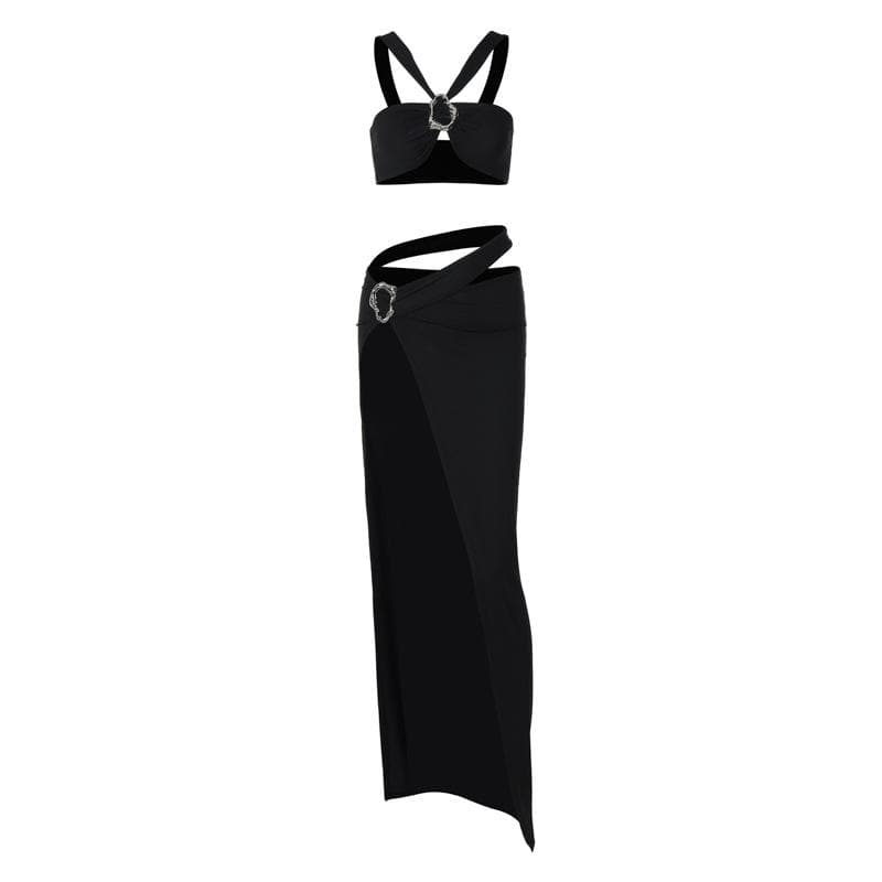 acelimosf™-O ring high slit hollow out ruched backless cami maxi skirt set