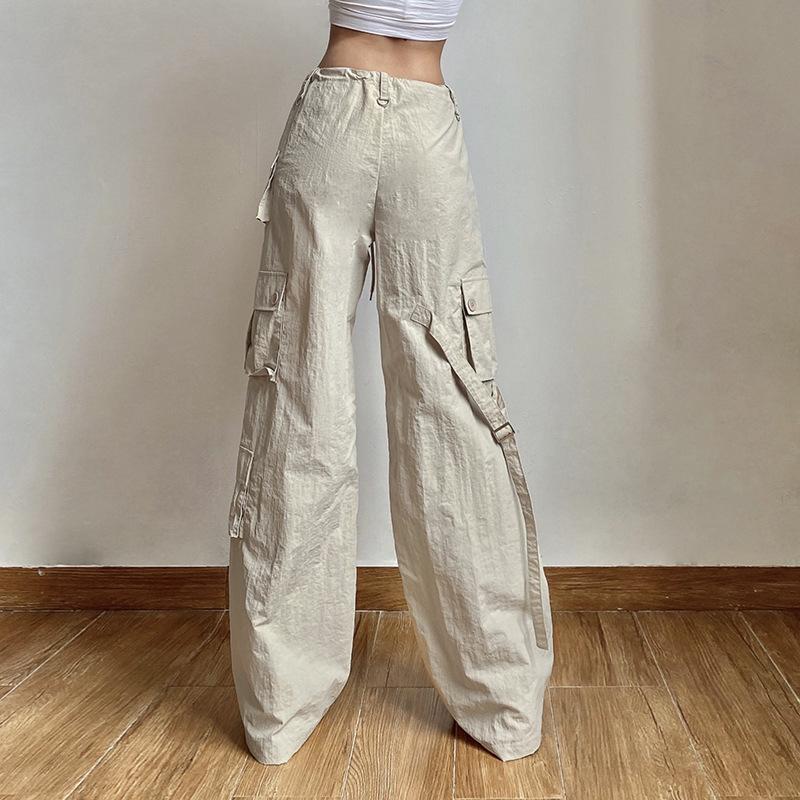 acelimosf™-Cargo pocket drawstring solid button adjustable waist wide leg pant