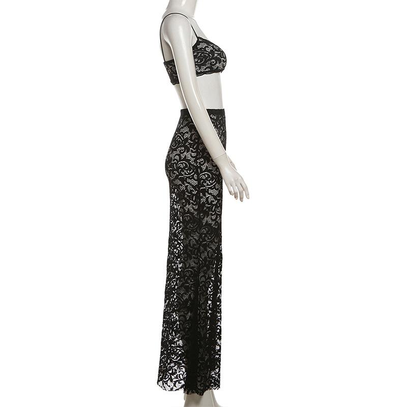 acelimosf™-Lace see through u neck backless cami maxi skirt set