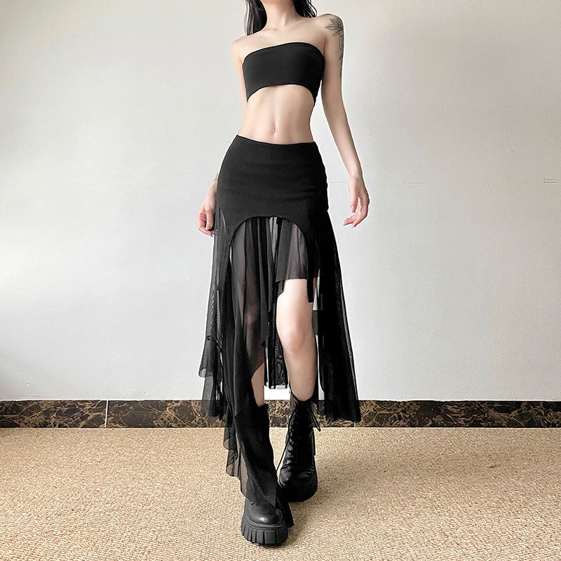 acelimosf™-Mesh patchwork irregular midi skirt