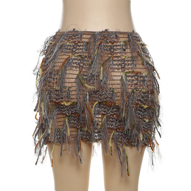 acelimosf™-Tassels hollow out see through contrast mini skirt