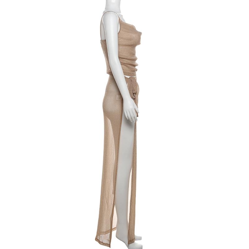 acelimosf™-Cowl neck metallic high slit cami maxi skirt set