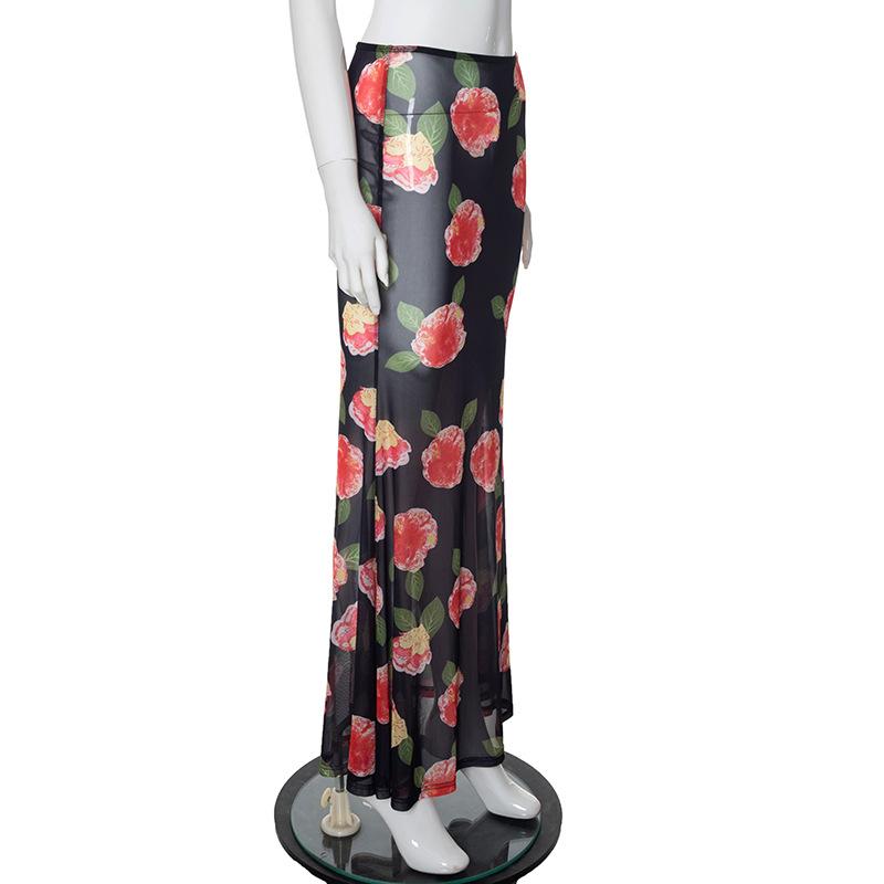 acelimosf™-Sheer mesh flower print contrast maxi skirt