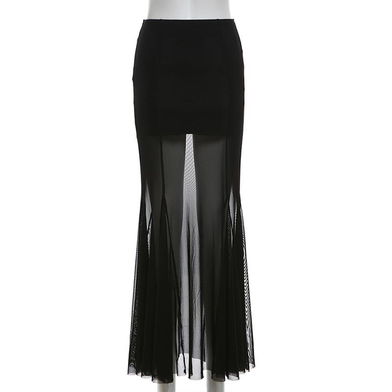 acelimosf™-Mesh patchwork stitch solid maxi skirt