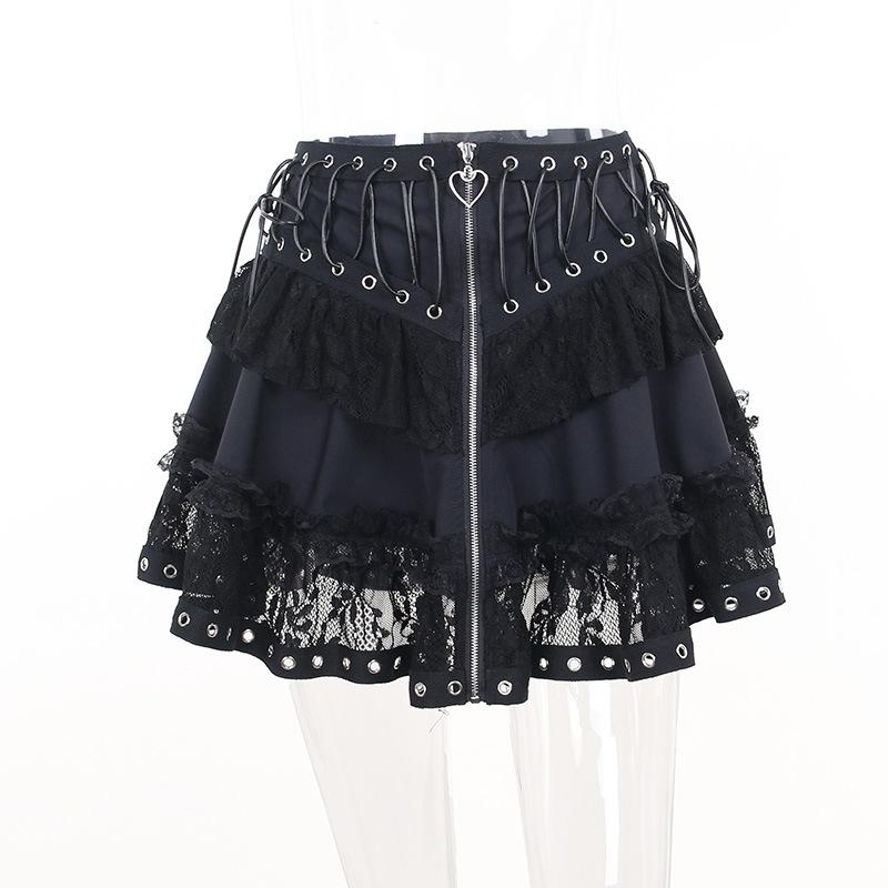 acelimosf™-Zip-up lace up patchwork lace ruffle mini skirt goth Alternative Darkwave Fashion goth Emo Darkwave Fashion