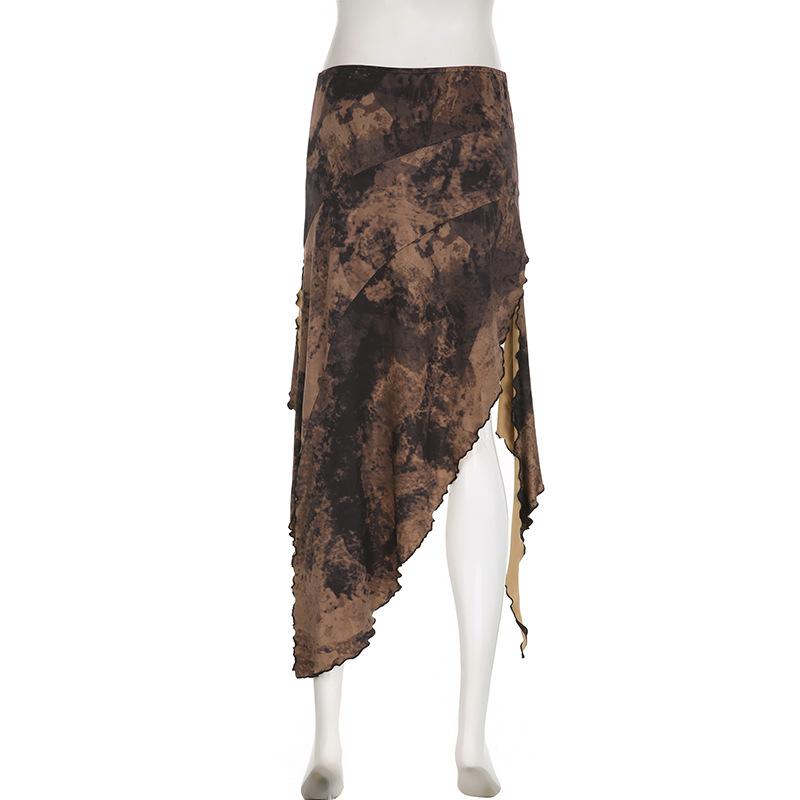 acelimosf™-Tie dye irregular self tie slit contrast lace up low rise midi skirt grunge 90s Streetwear Disheveled Chic Fashion grunge 90s Streetwear Distressed Fashion