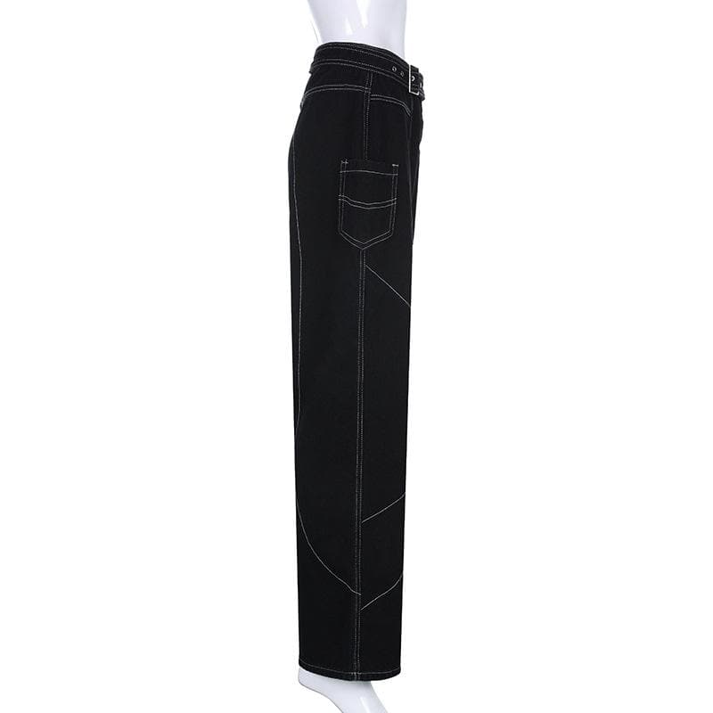 acelimosf™-Stitch belt irregular contrast low rise wide leg jeans y2k 90s Revival Techno Fashion