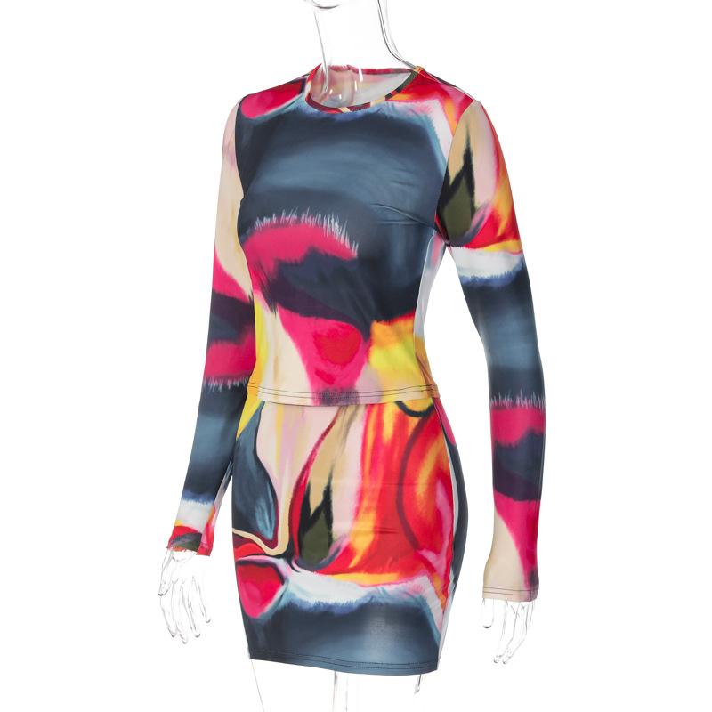 acelimosf™-Long sleeve tie dye round neck mini skirt set cyberpunk Sci-Fi Fashion