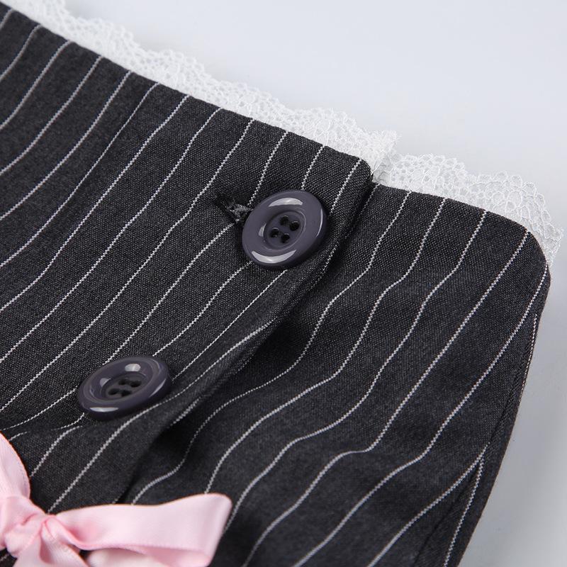 acelimosf™-Bowknot lace hem pleated button striped print mini skirt