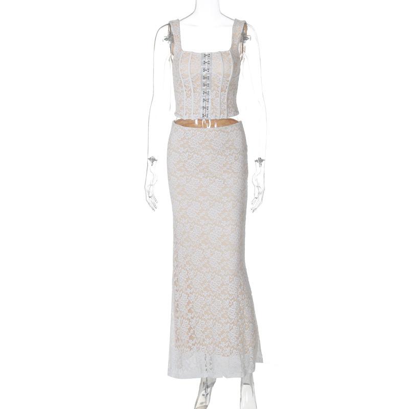 acelimosf™-U neck lace bustier button cami maxi skirt set