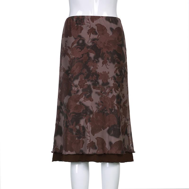acelimosf™-Mesh flower pattern low rise contrast ruffle midi skirt grunge 90s Streetwear Disheveled Chic Fashion grunge 90s Streetwear Distressed Fashion
