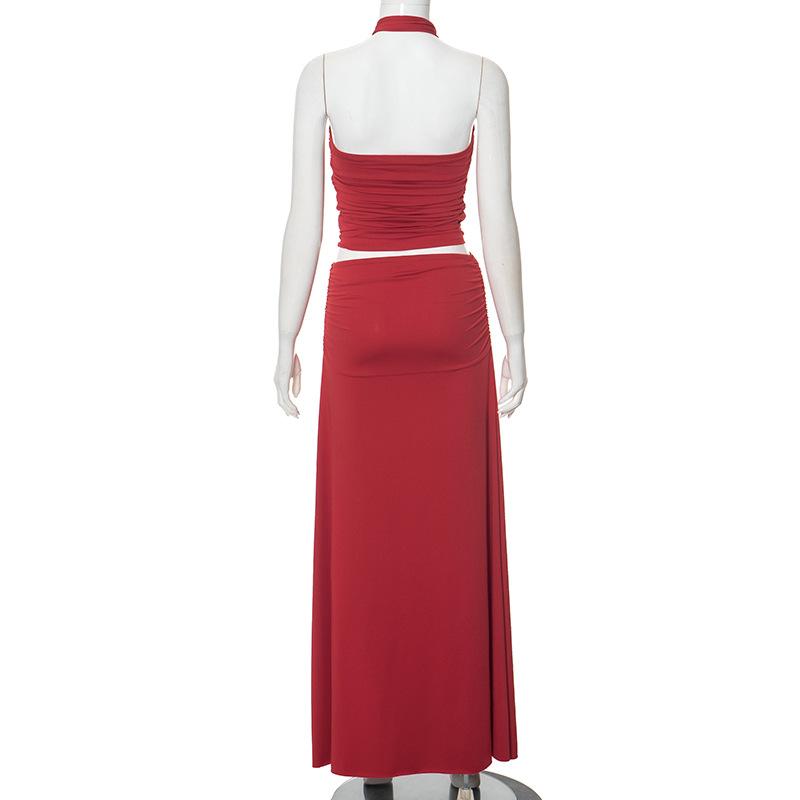 acelimosf™-Halter ruched backless high slit maxi skirt set