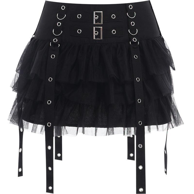 acelimosf™-Buckle mesh zip-up ruched A line mini skirt goth Alternative Darkwave Fashion goth Emo Darkwave Fashion