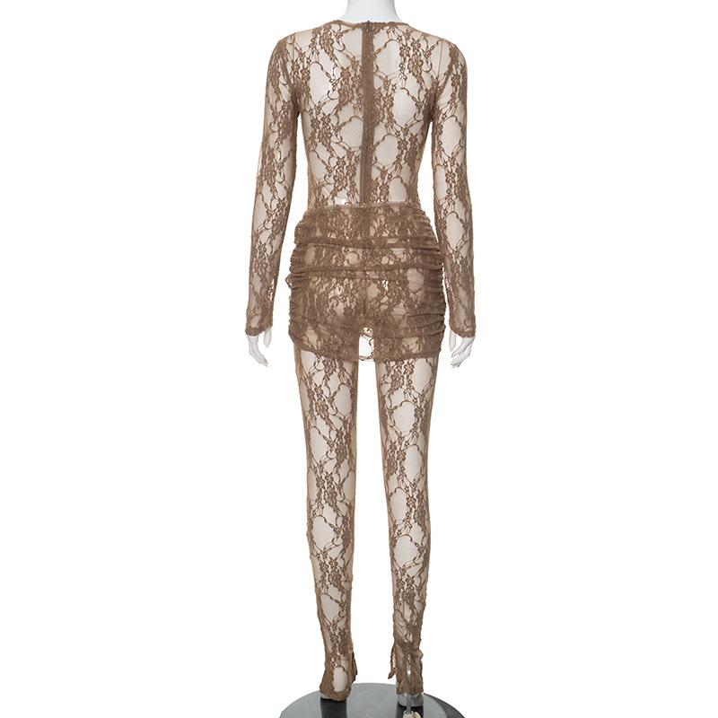 acelimosf™-Long sleeve ruched lace zip-up see through 2 piece jumpsuit