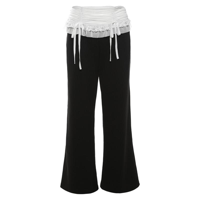 acelimosf™-Mesh patchwork lace hem ruched low rise pant