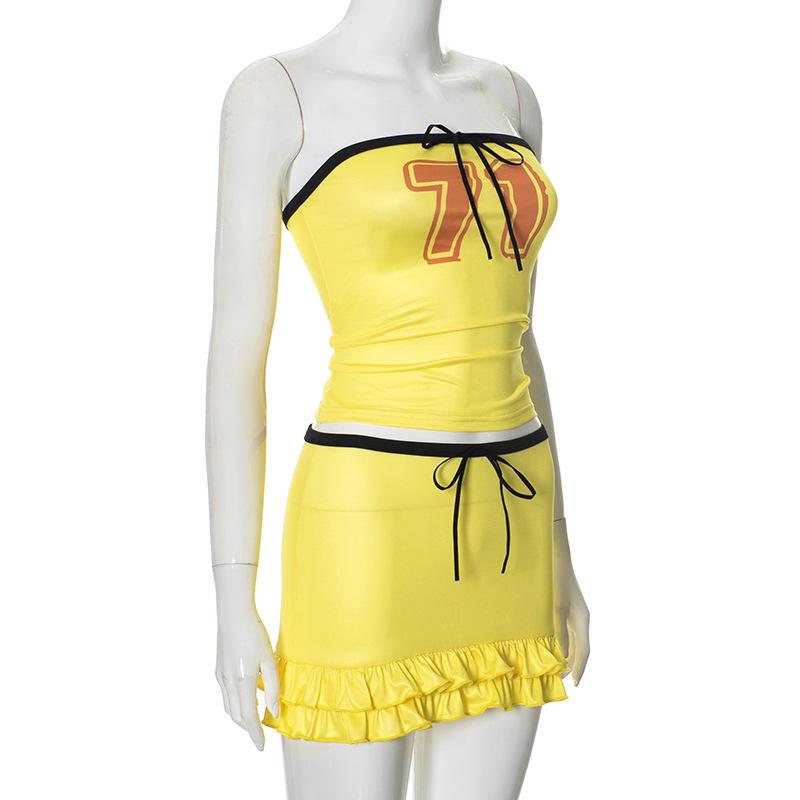acelimosf™-Halter knotted "71" print ruffle tube mini skirt set