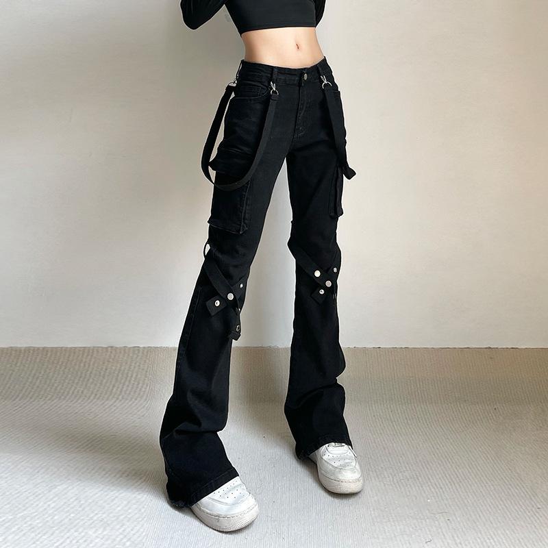 acelimosf™-Button cargo pocket ribbon low rise solid jeans y2k 90s Revival Techno Fashion