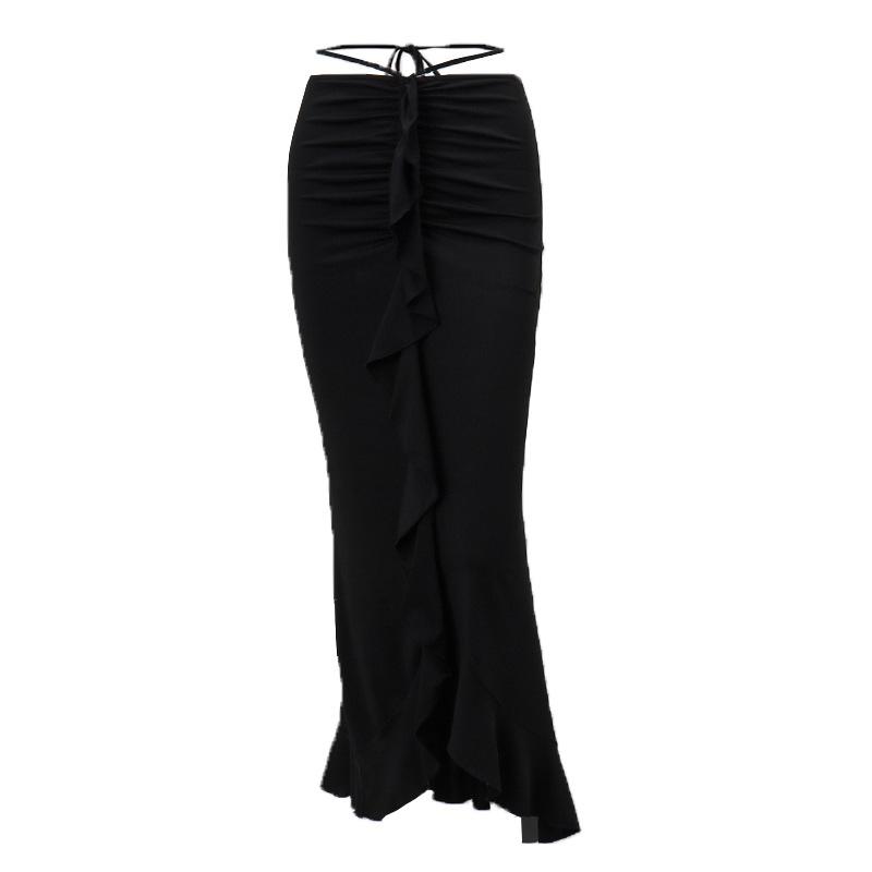 acelimosf™-Ruffle solid ruched self tie low rise midi skirt y2k 90s Revival Techno Fashion