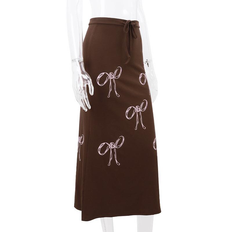 acelimosf™-Drawstring ruched bowknot print contrast self tie midi skirt