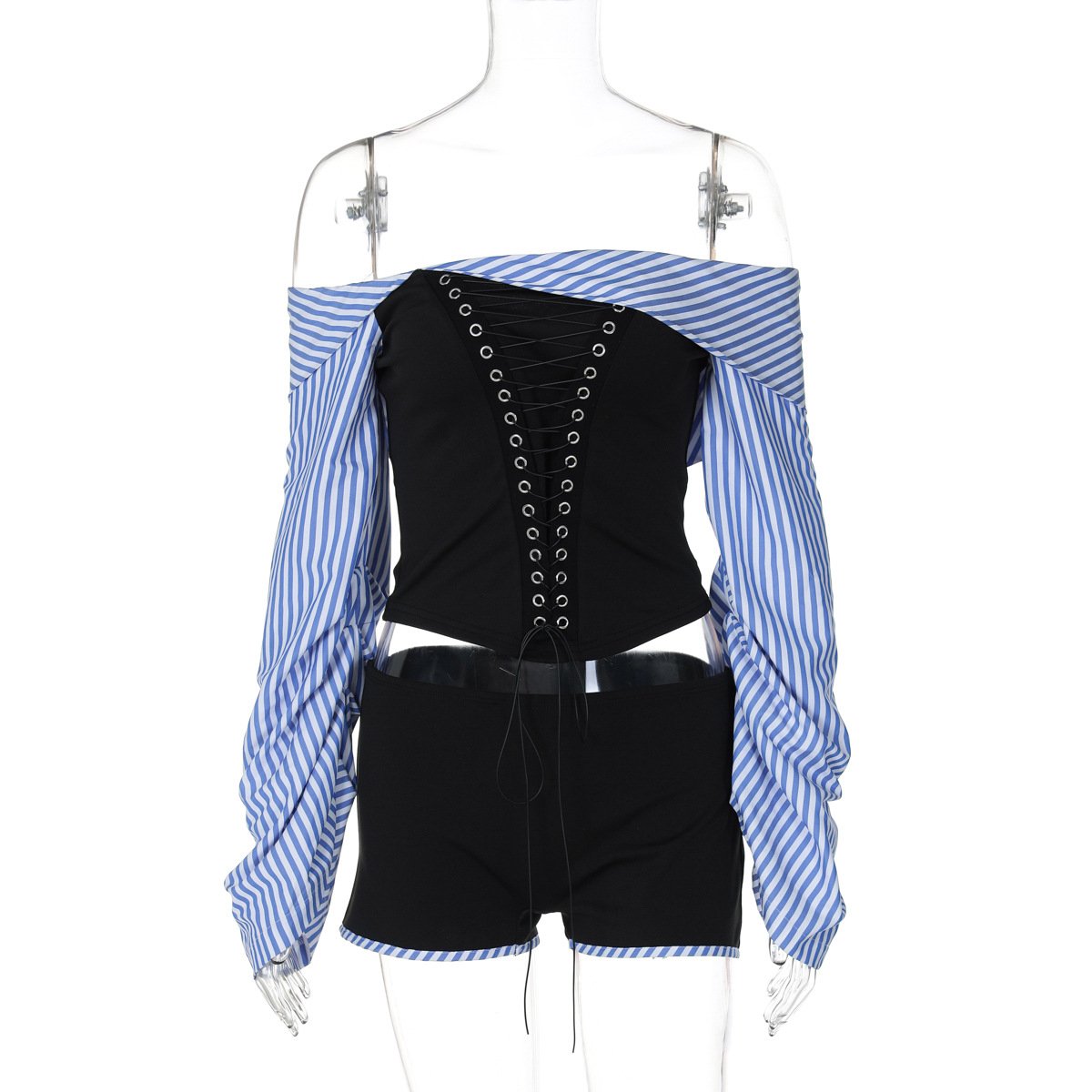 acelimosf™-Long sleeve off shoulder striped print pant set