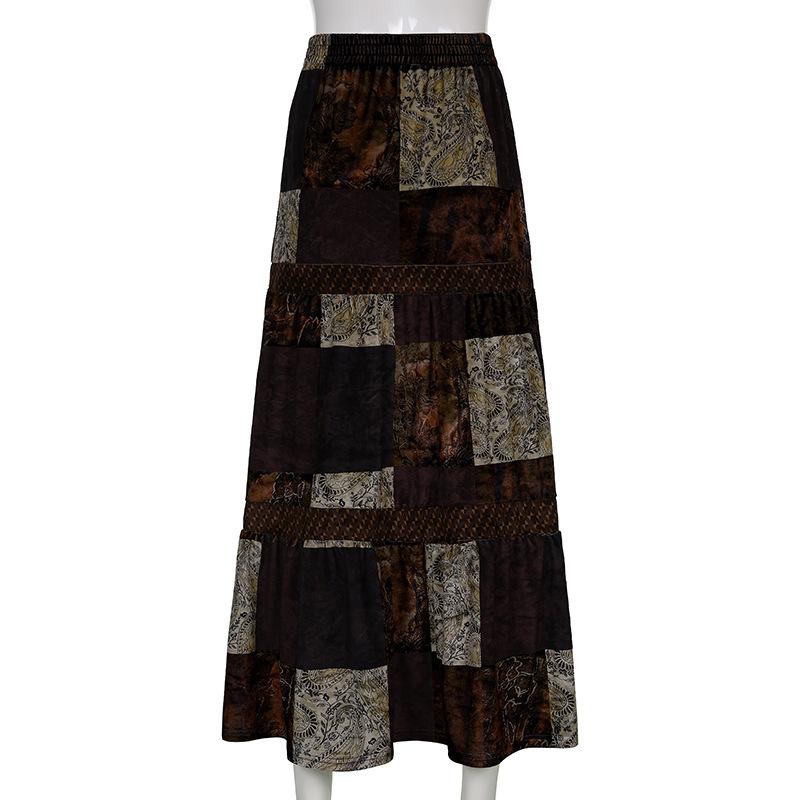 acelimosf™-Patchwork contrast ruched medium rise maxi skirt grunge 90s Streetwear Disheveled Chic Fashion grunge 90s Streetwear Distressed Fashion