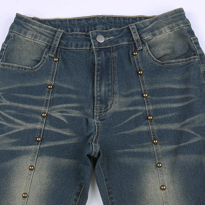acelimosf™-High rise beaded contrast flared jeans grunge 90s Streetwear Disheveled Chic Fashion grunge 90s Streetwear Distressed Fashion