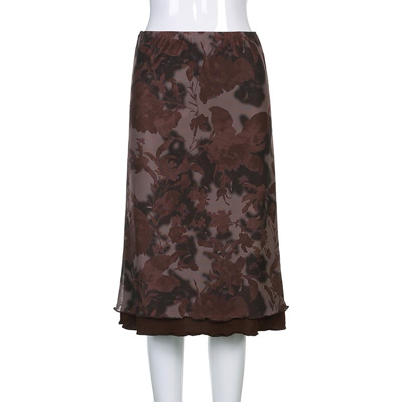 acelimosf™-Mesh flower pattern low rise contrast ruffle midi skirt grunge 90s Streetwear Disheveled Chic Fashion grunge 90s Streetwear Distressed Fashion