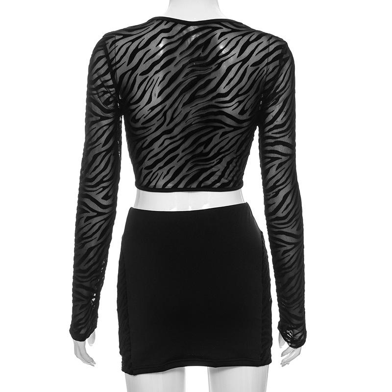 acelimosf™-Long sleeve hollow out zebra print see through mini skirt set
