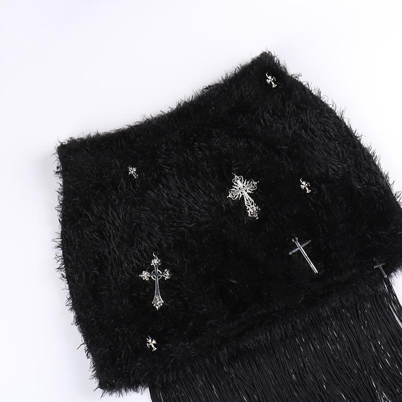 acelimosf™-Tassels cross applique fluffy mini skirt goth Emo Darkwave Fashion