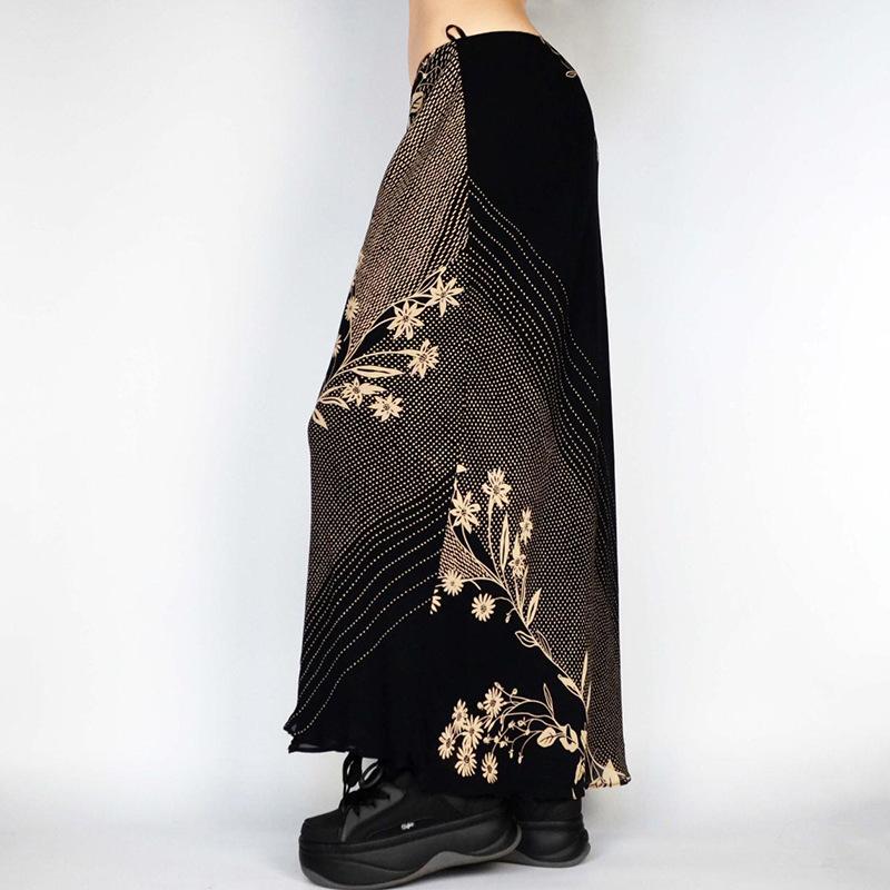 acelimosf™-Polka dot flower print contrast maxi skirt