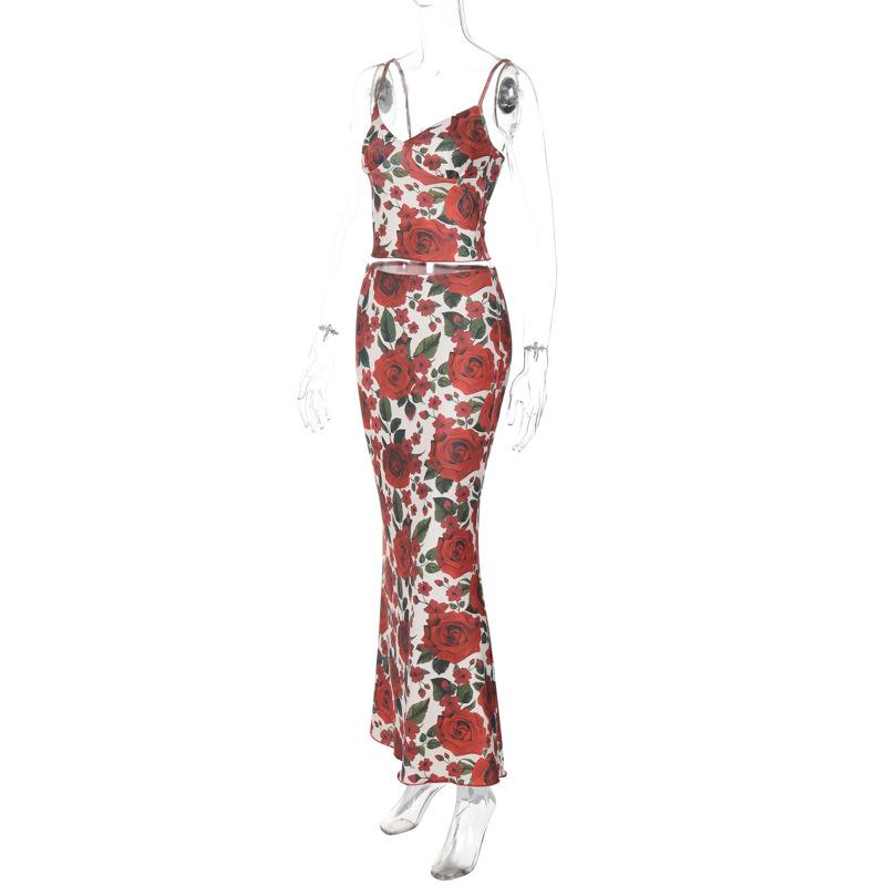 acelimosf™-V neck backless flower print cami maxi skirt set