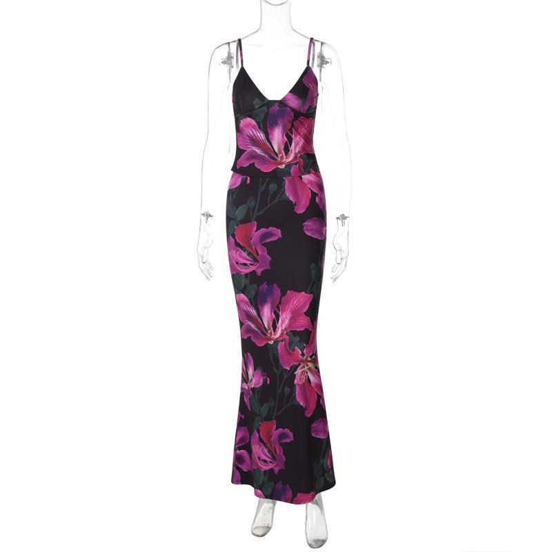 acelimosf™-Flower print v neck contrast cami maxi skirt set