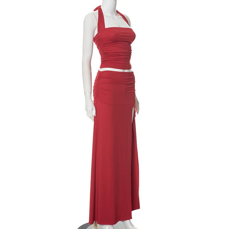 acelimosf™-Halter ruched backless high slit maxi skirt set